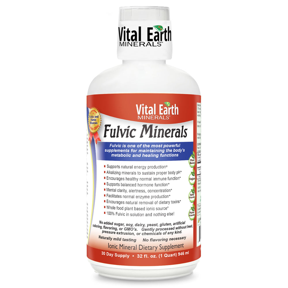 Vital Earth Minerals fulvic minerals liquid bottle ready for daily energy support.