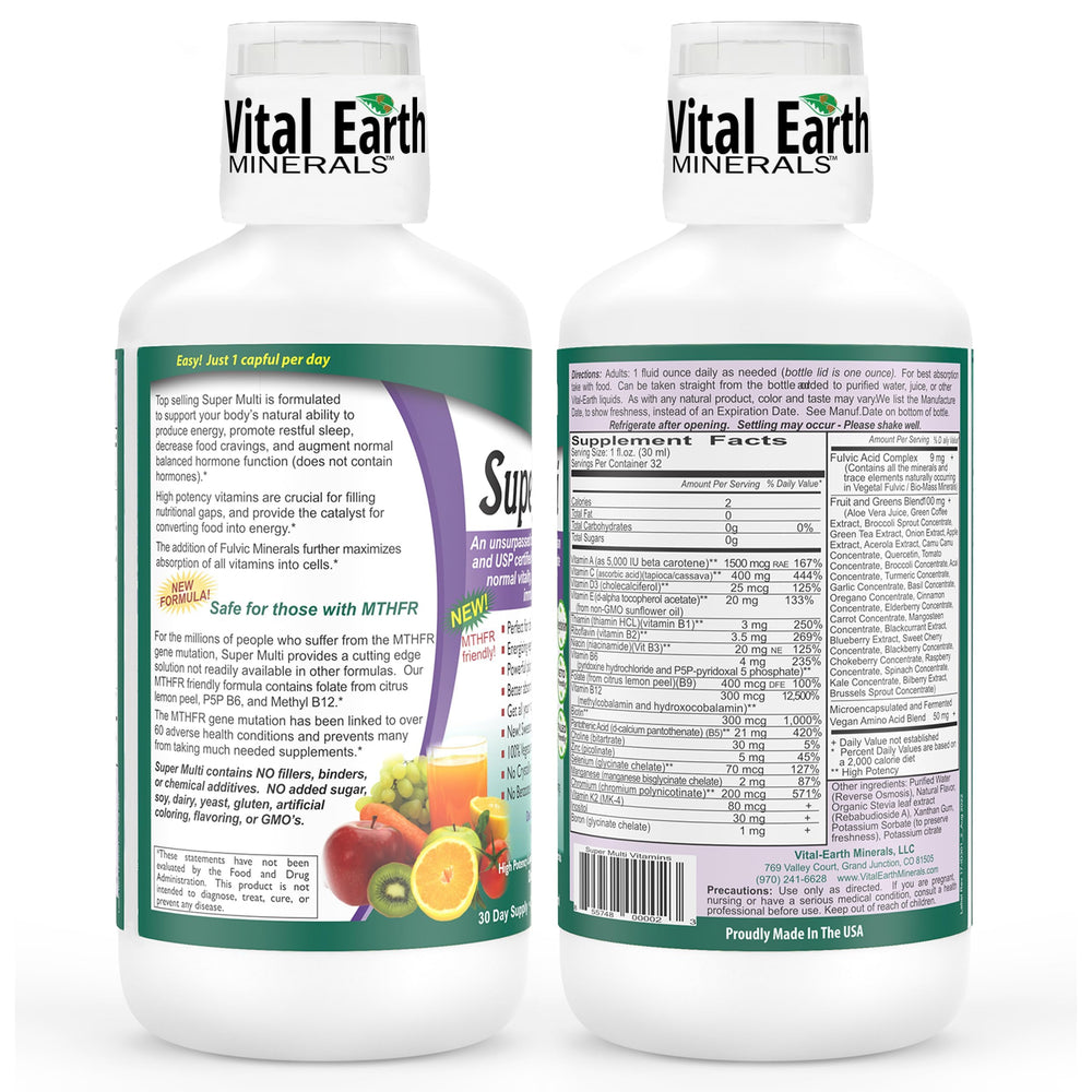 Vital Earth Minerals Super Multi dosing cup highlights convenient 1-ounce serving.