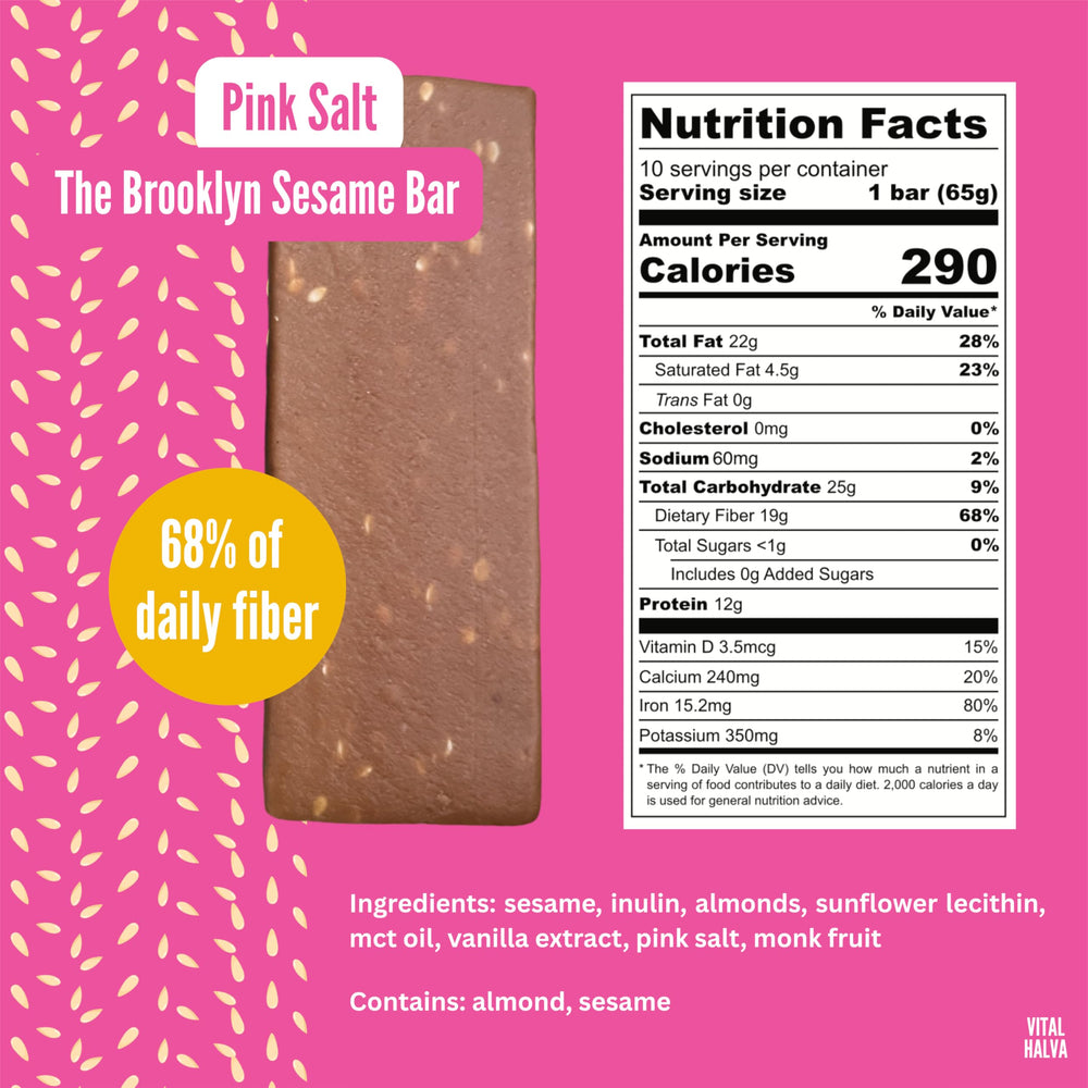 Vital Halva sesame bar cross-section showing sesame and almonds texture.