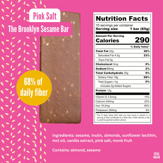 Vital Halva sesame bar cross-section showing sesame and almonds texture.