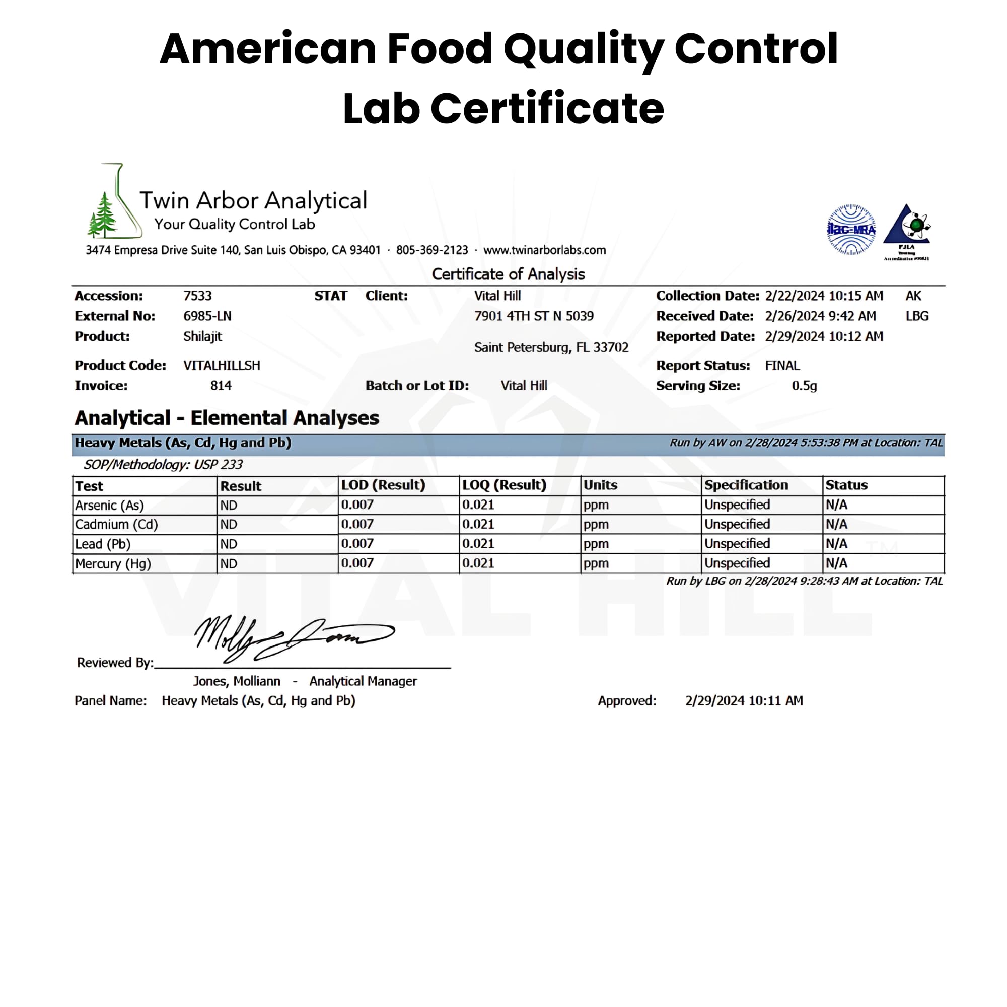 Vital Hill lab-test certificate conveys commitment to purity and quality.
