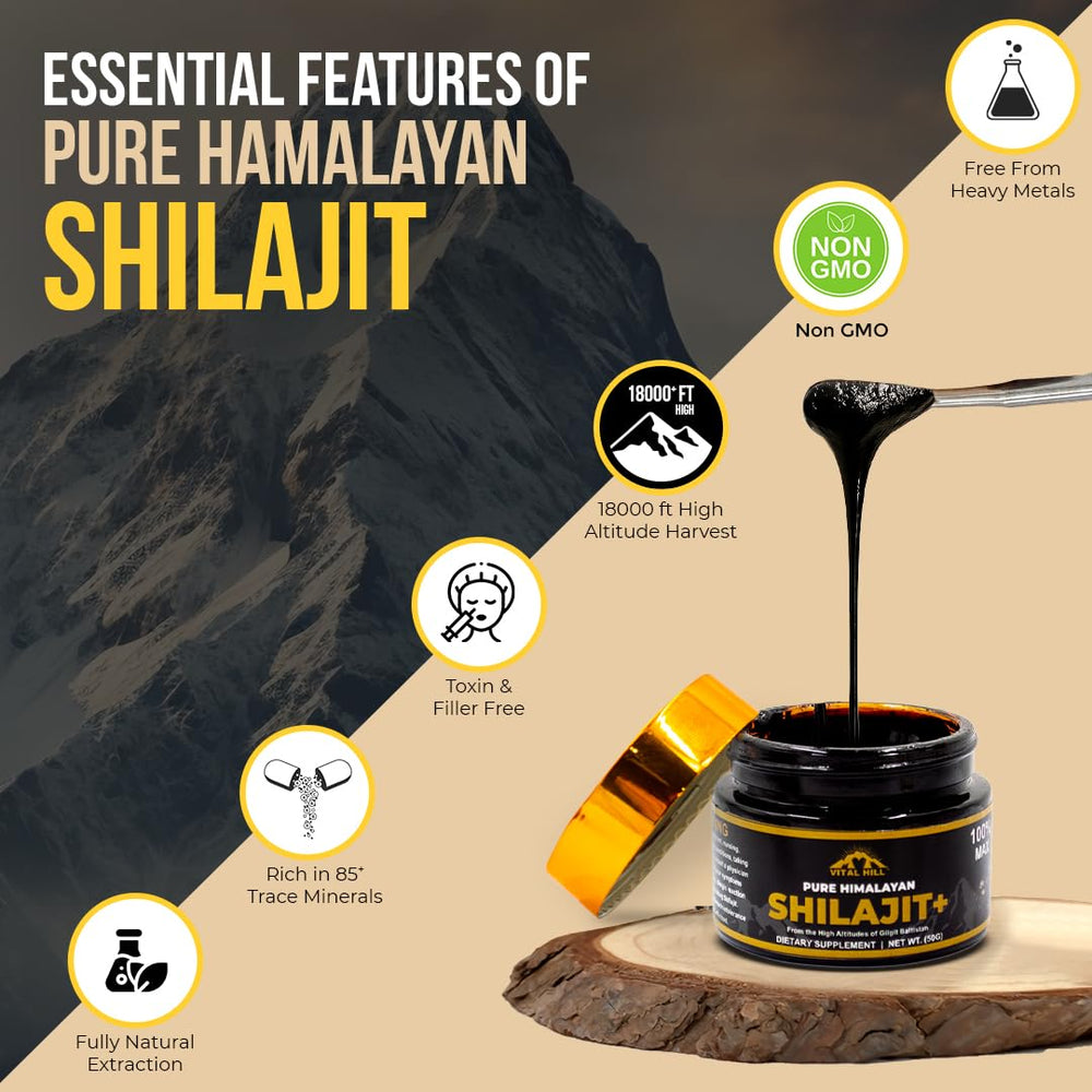 Vital Hill Shilajit spoon-dissolve demonstrates easy preparation for morning routine.