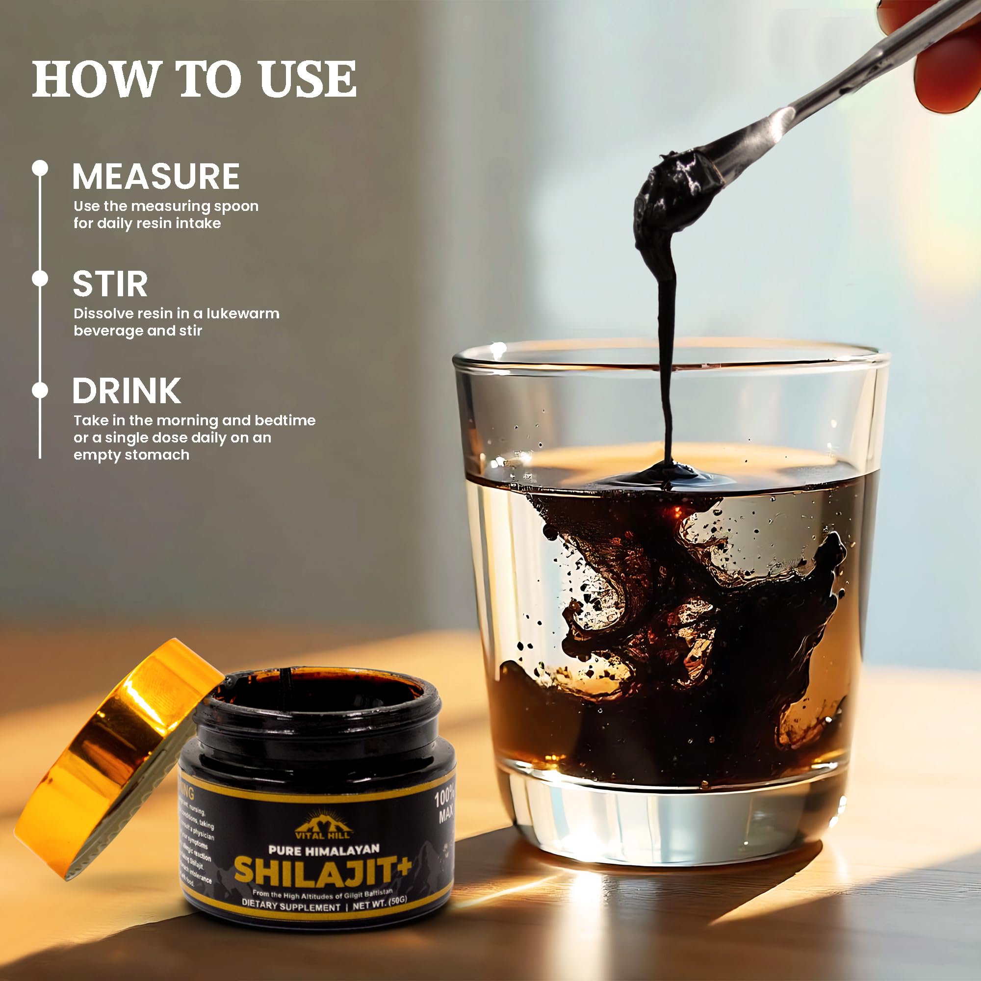 Vital Hill warm-water mix illustrates versatile use in drinks for daily vitality.