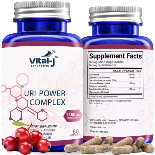 Vital-J Empowering 4-in-1 URI Power Complex bottle supports daily urinary wellness.