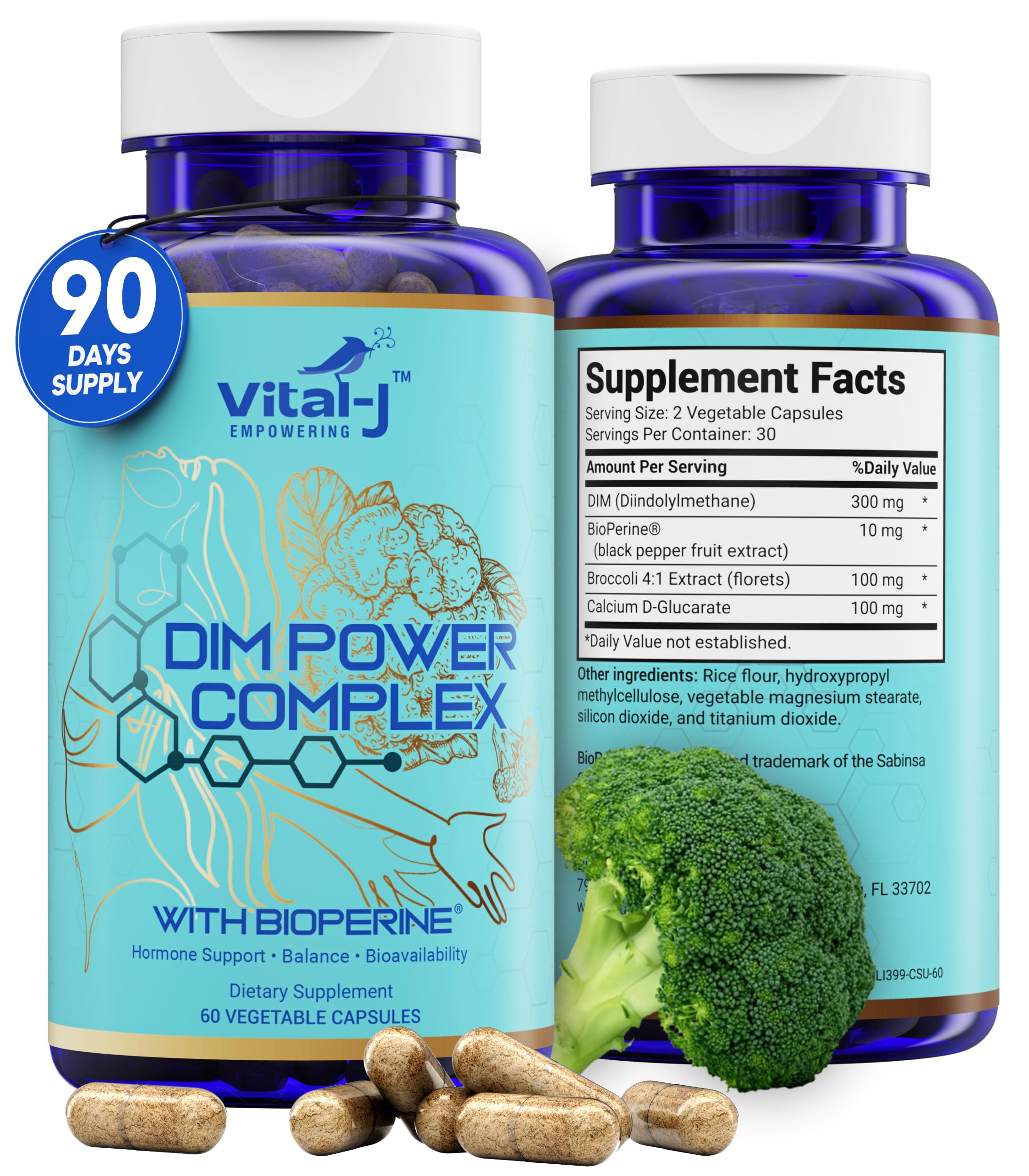 Vital-J Empowering DIM capsules close-up highlights energy support and daily vitality