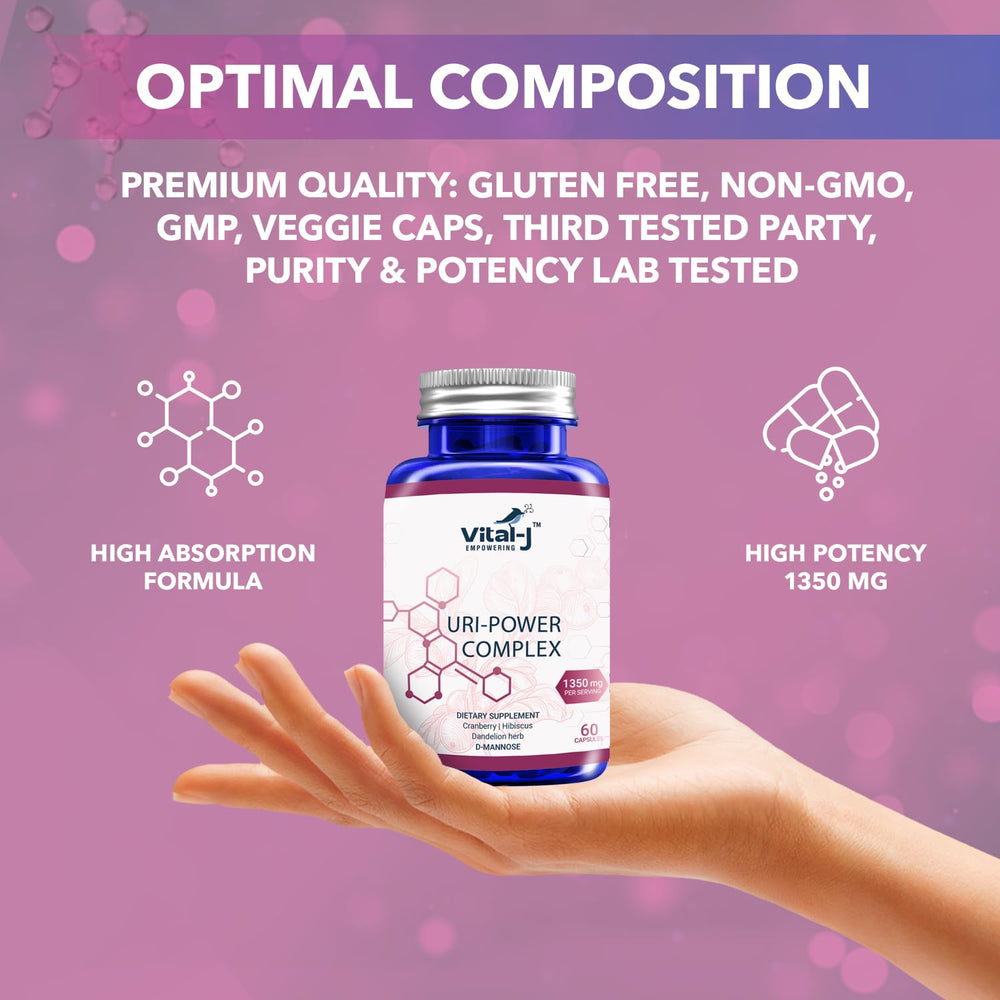 Vital-J Empowering cranberry-d-mannose blend highlighting key ingredients for urinary balance.
