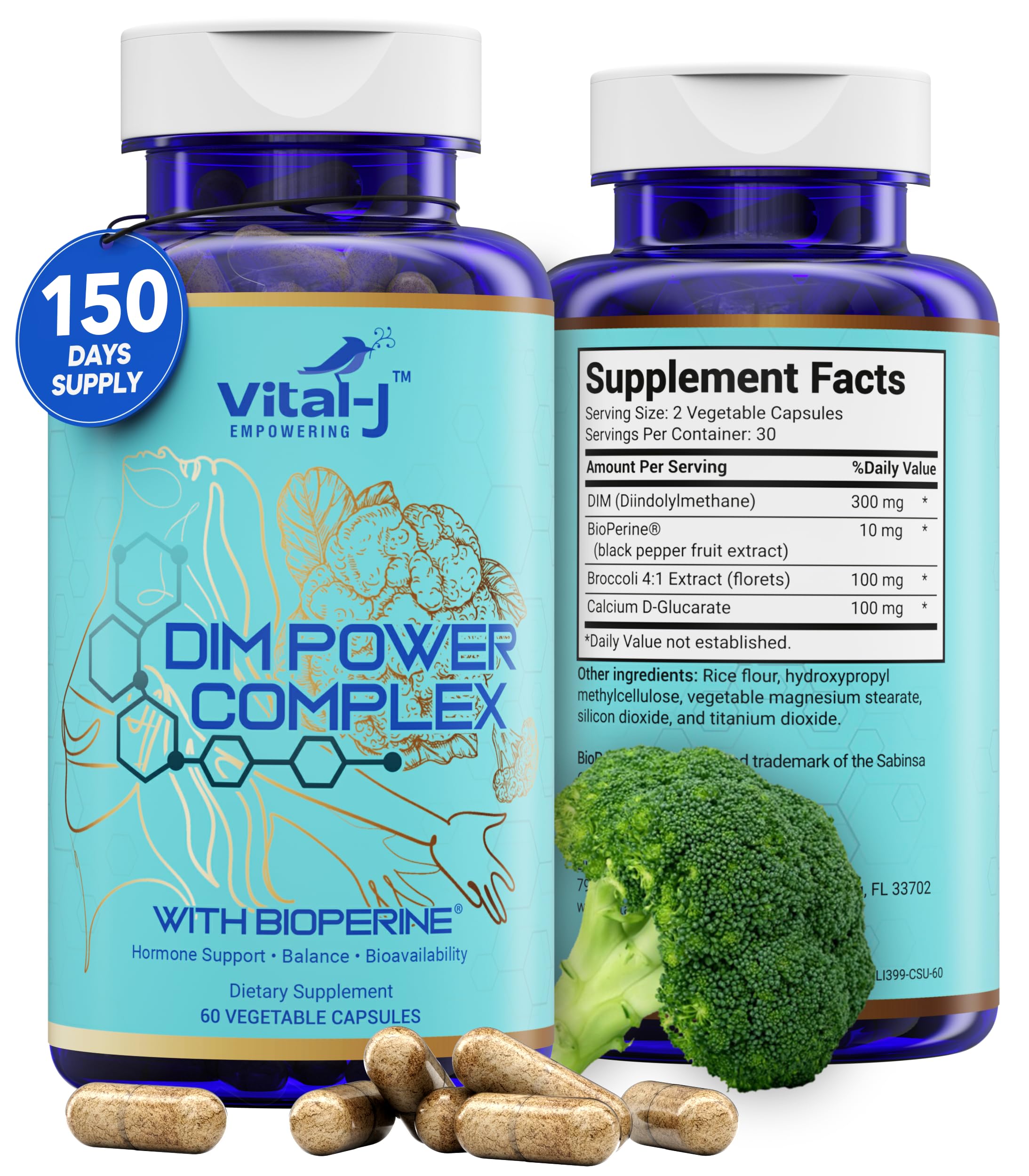 Vital-J Empowering DIM capsules closeup, easy-to-swallow supplement.