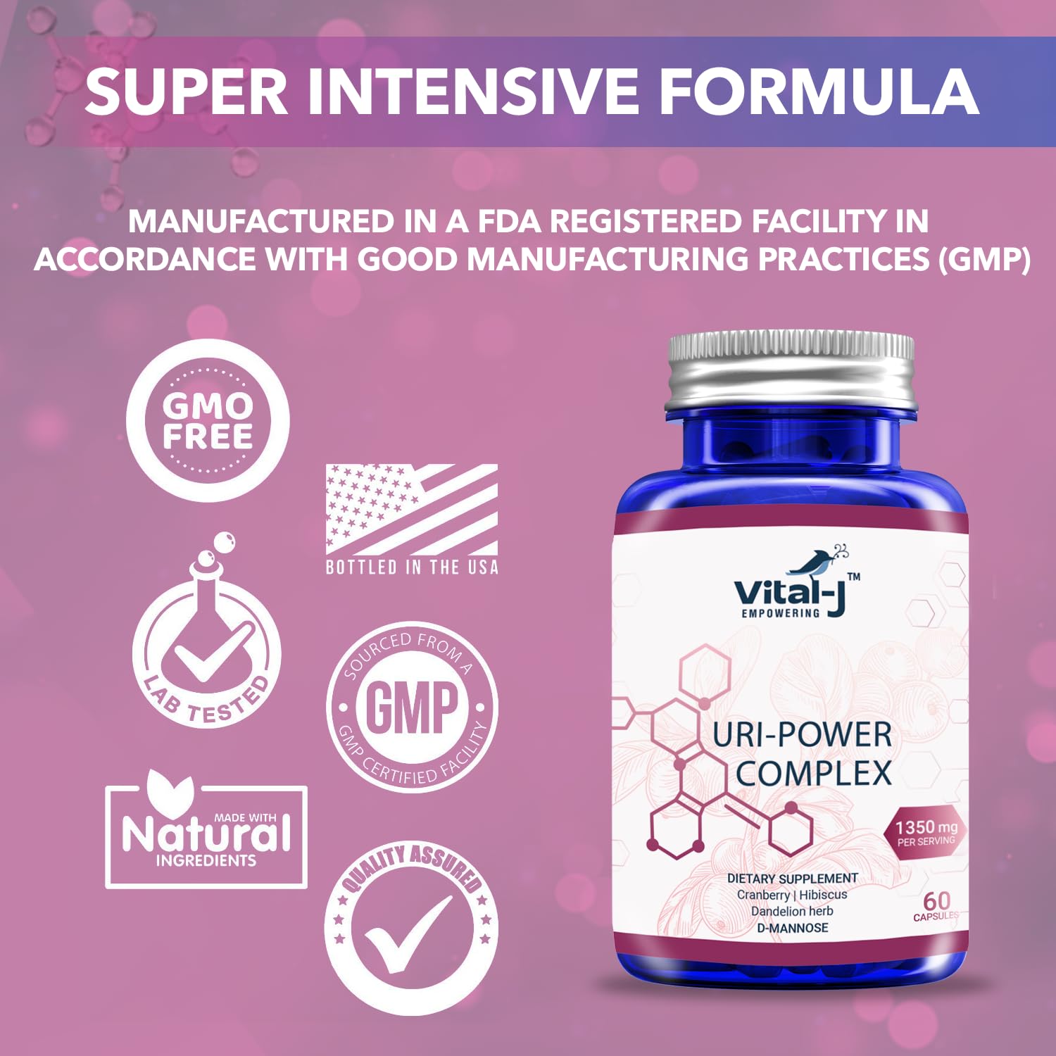 Vital-J Empowering GMP facility badge indicating premium quality and clean labeling.