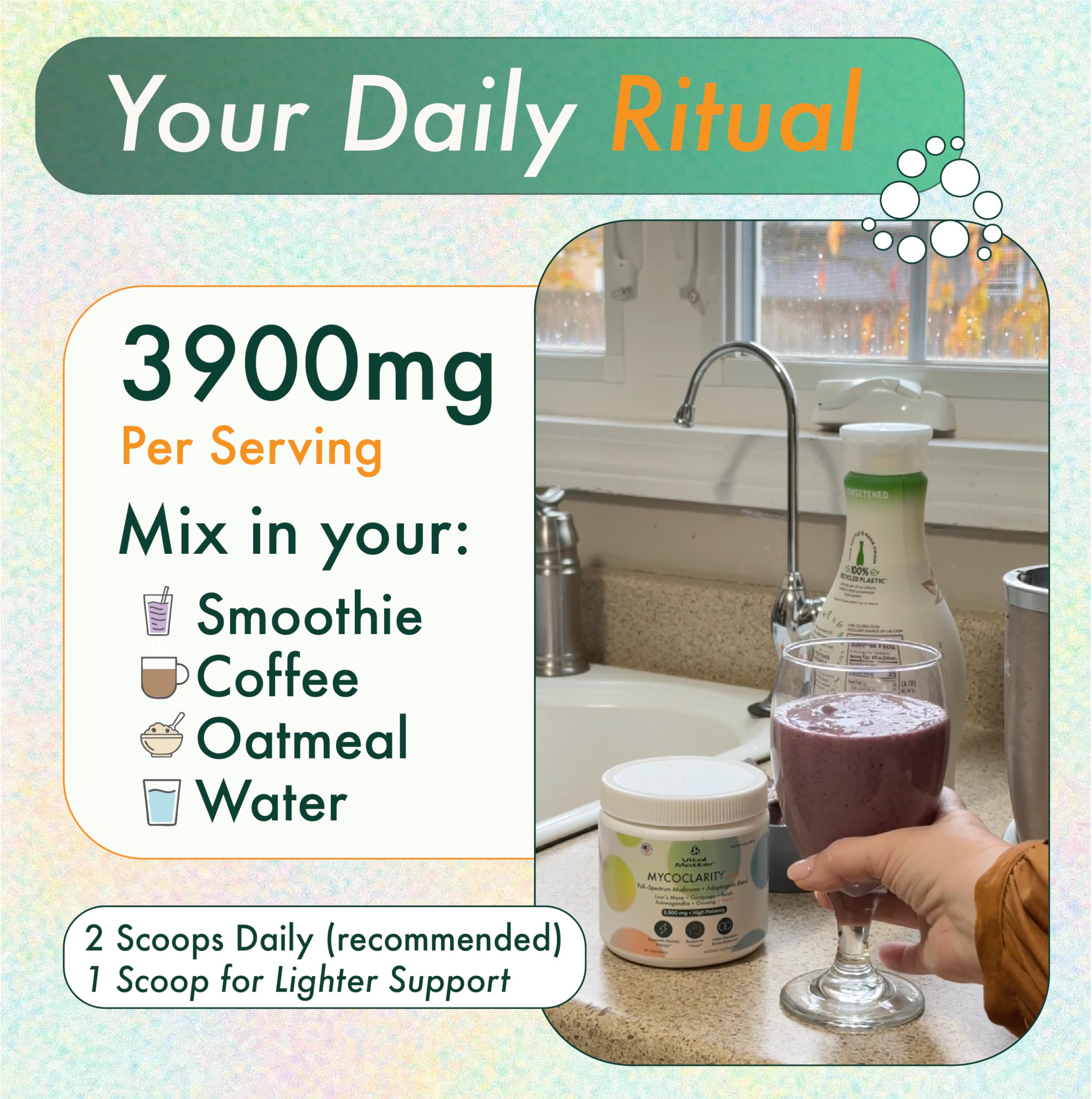 Vital Matter MycoClarity Ultra dissolving in water with smooth, no-grain texture.
