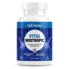 Vital Nootropic bottle front view shows 12-in-1 brain support for sharper focus.