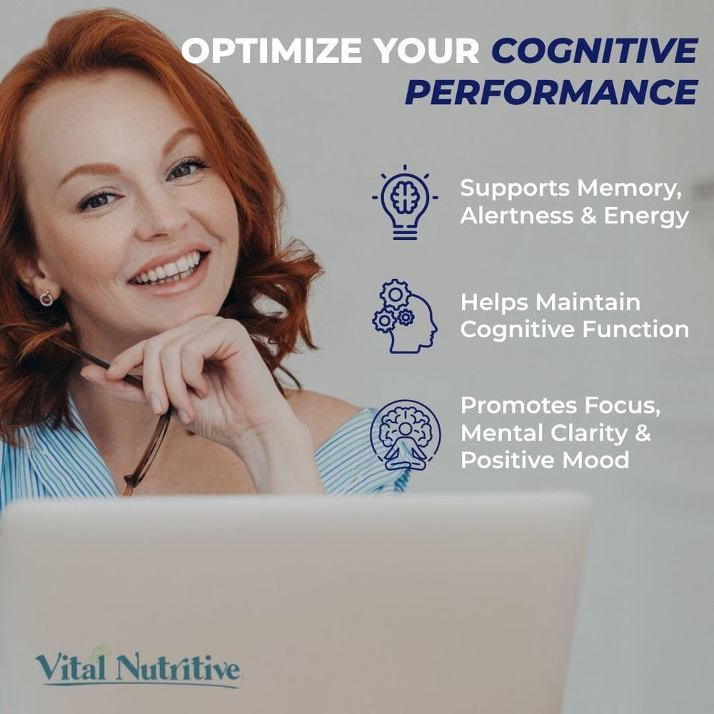 Vital Nootropic bottle side view highlights easy daily capsule routine for sustained energy.