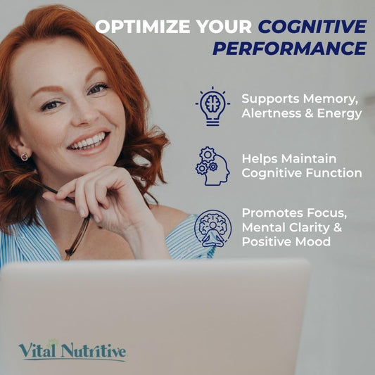 Vital Nootropic bottle side view highlights easy daily capsule routine for sustained energy.