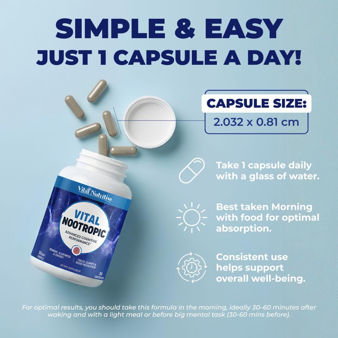 Vital Nootropic desk scene suggests a daily routine for students and professionals.
