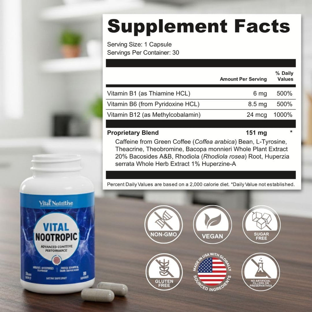 Vital Nootropic packaging display signals a trusted 30-day supply.