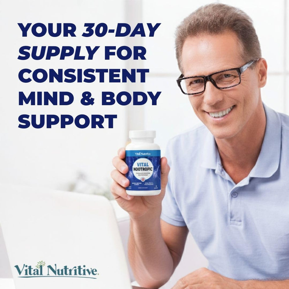 Vital Nootropic use shot shows taking one capsule with food for focus.