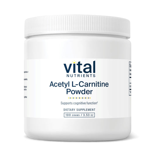 Vital Nutrients Acetyl L-Carnitine powder bottle for convenient daily cognitive support.