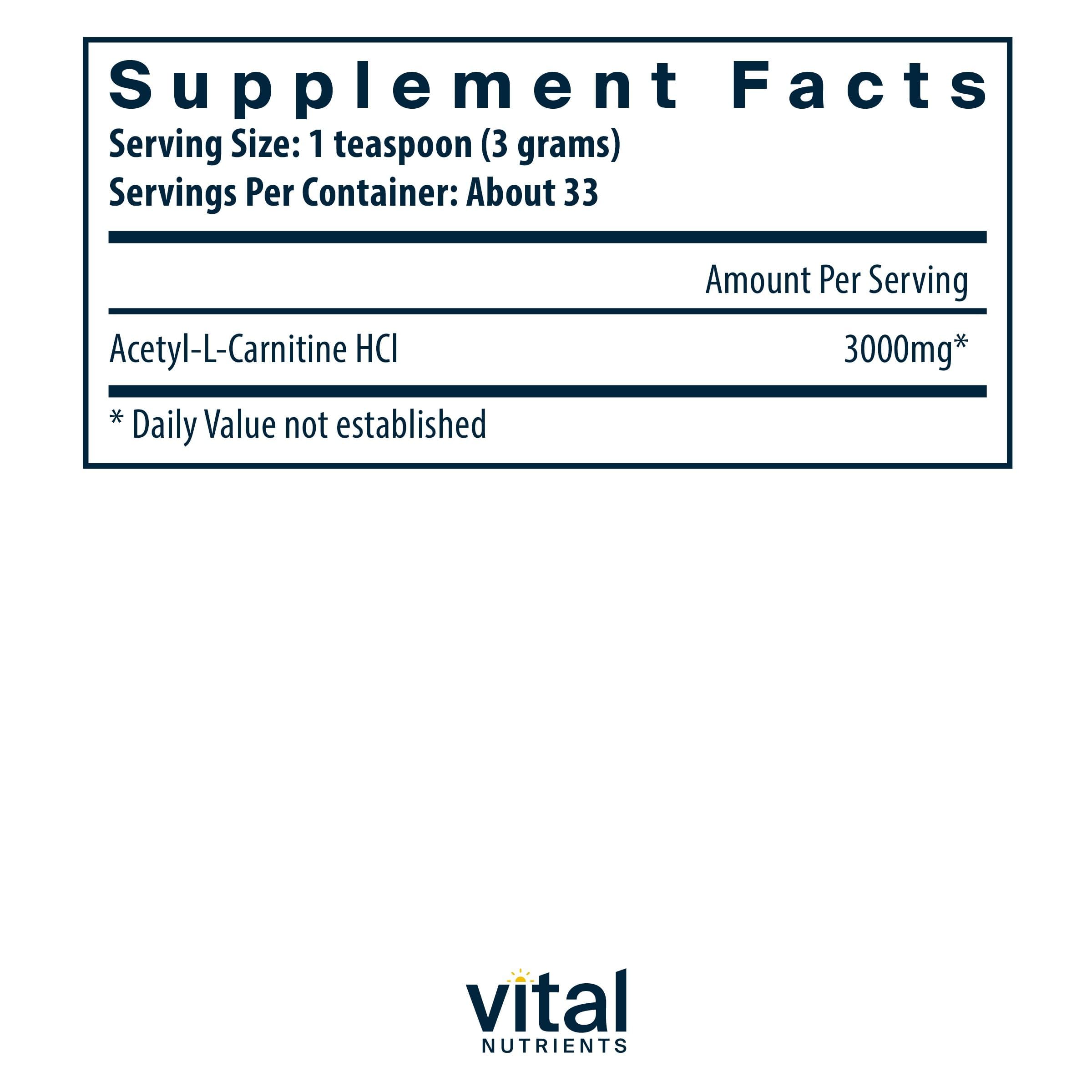 Vital Nutrients Acetyl L-Carnitine powder scoop ready to measure brain energy.
