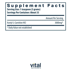 Vital Nutrients Acetyl L-Carnitine powder scoop ready to measure brain energy.