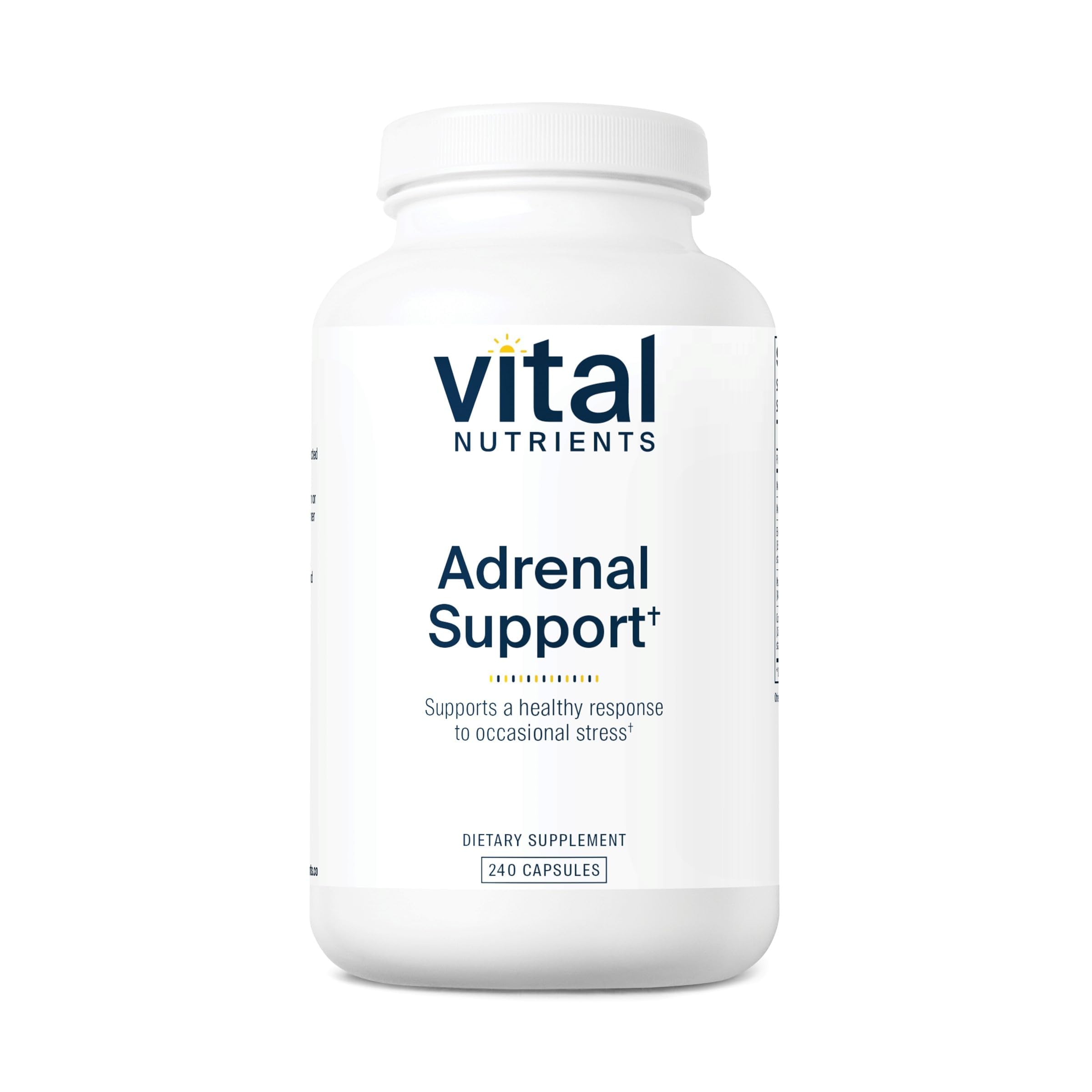 Vital Nutrients Adrenal Support bottle with capsules illustrating the product on a clean background and implied energy support.
