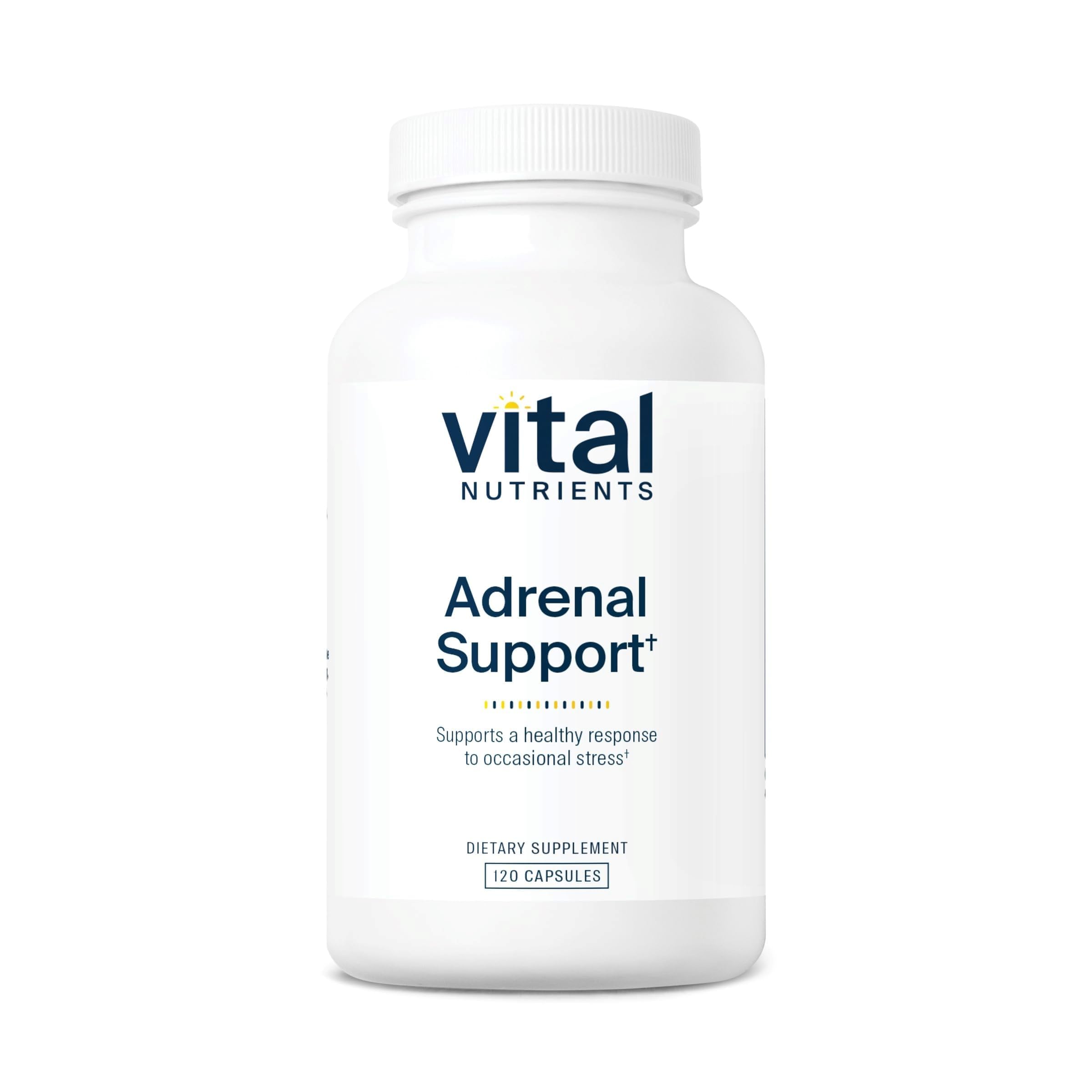 Vital Nutrients Adrenal Support bottle with capsules for stress support.