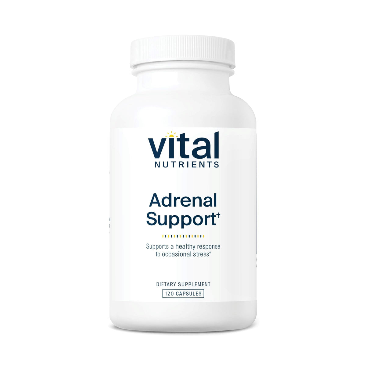 Vital Nutrients Adrenal Support bottle with capsules for stress support.