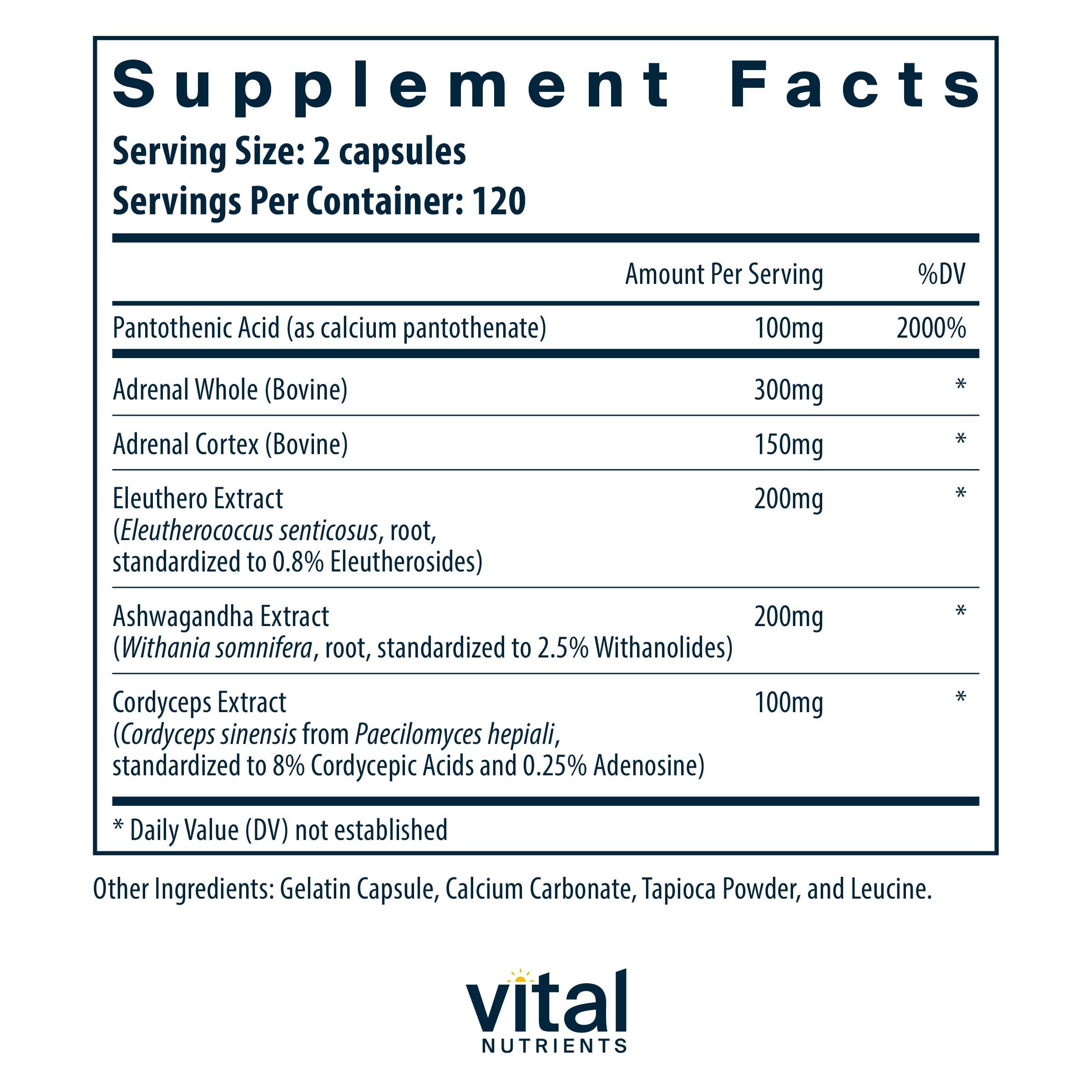Closeup of Vital Nutrients Adrenal Support capsules highlighting the capsule texture and purity.