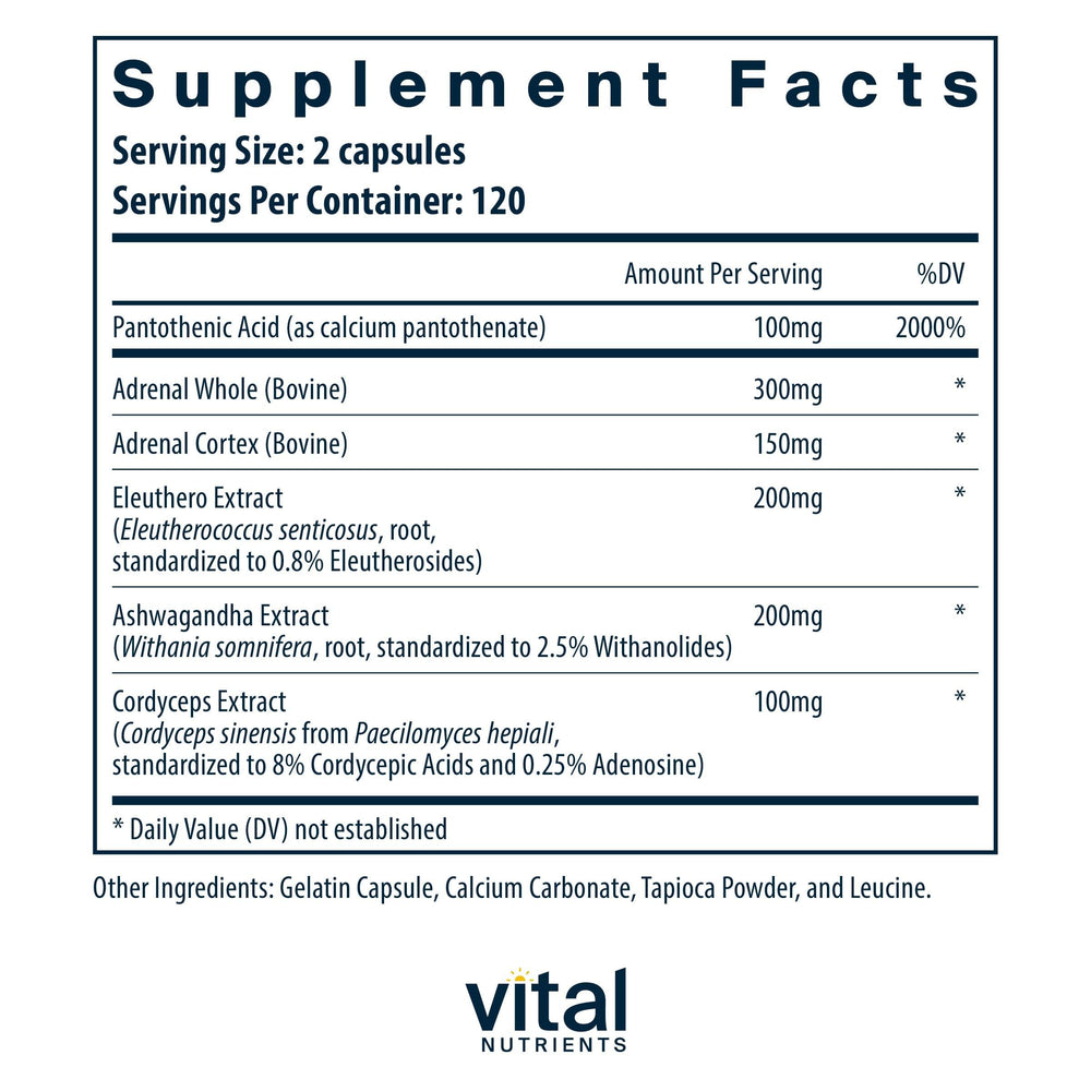 Closeup of Vital Nutrients Adrenal Support capsules highlighting the capsule texture and purity.