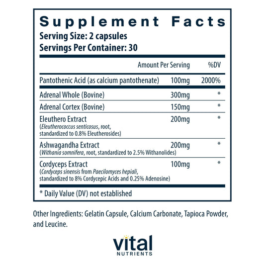 Vital Nutrients Adrenal Support capsules close-up showing hypoallergenic formula