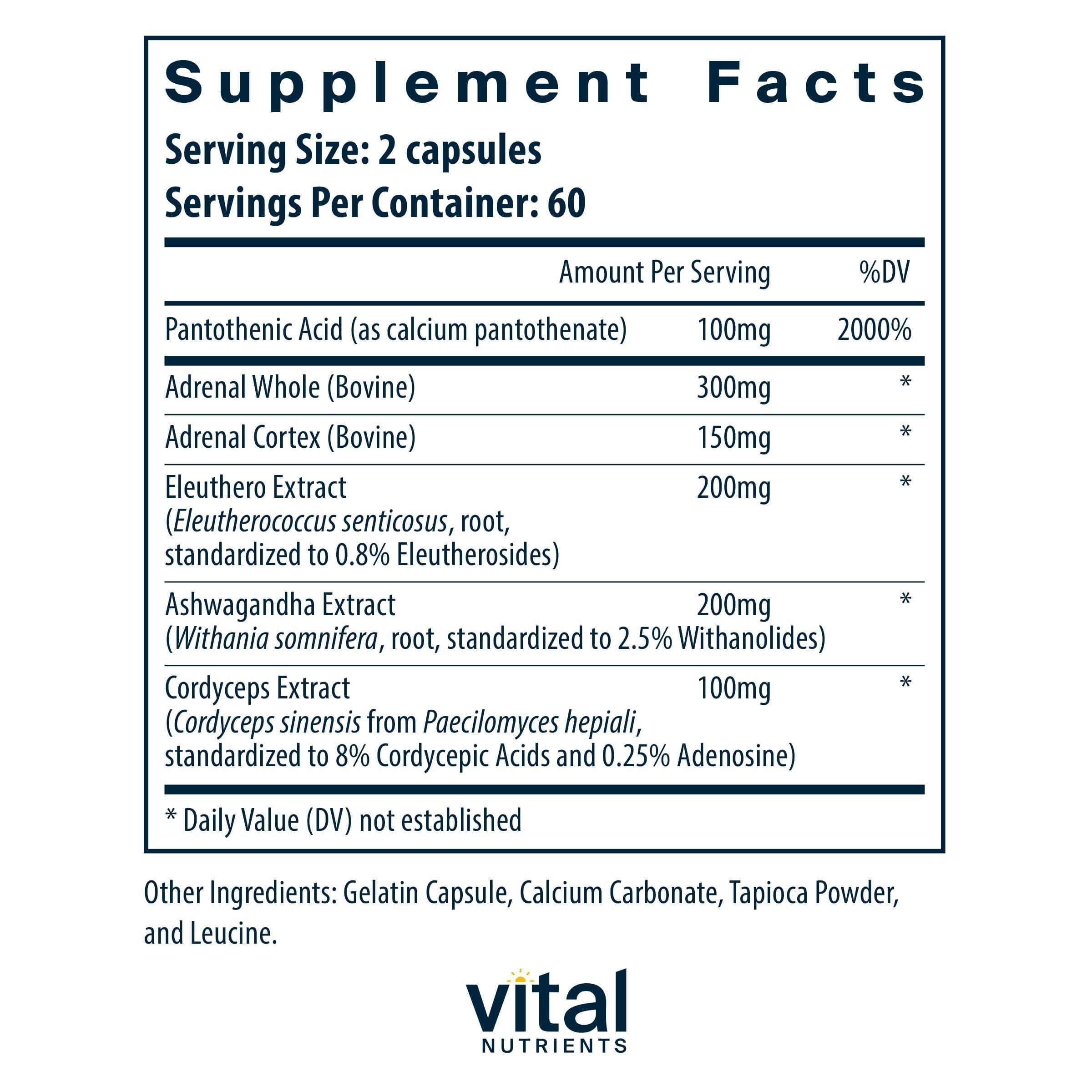 Vital Nutrients Adrenal Support capsules ready for daily energy balance.