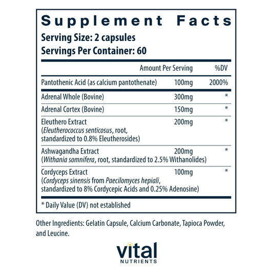 Vital Nutrients Adrenal Support capsules ready for daily energy balance.