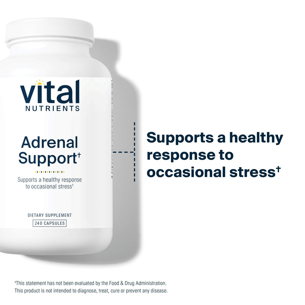 Vital Nutrients Adrenal Support label with ingredients and allergy information visible.