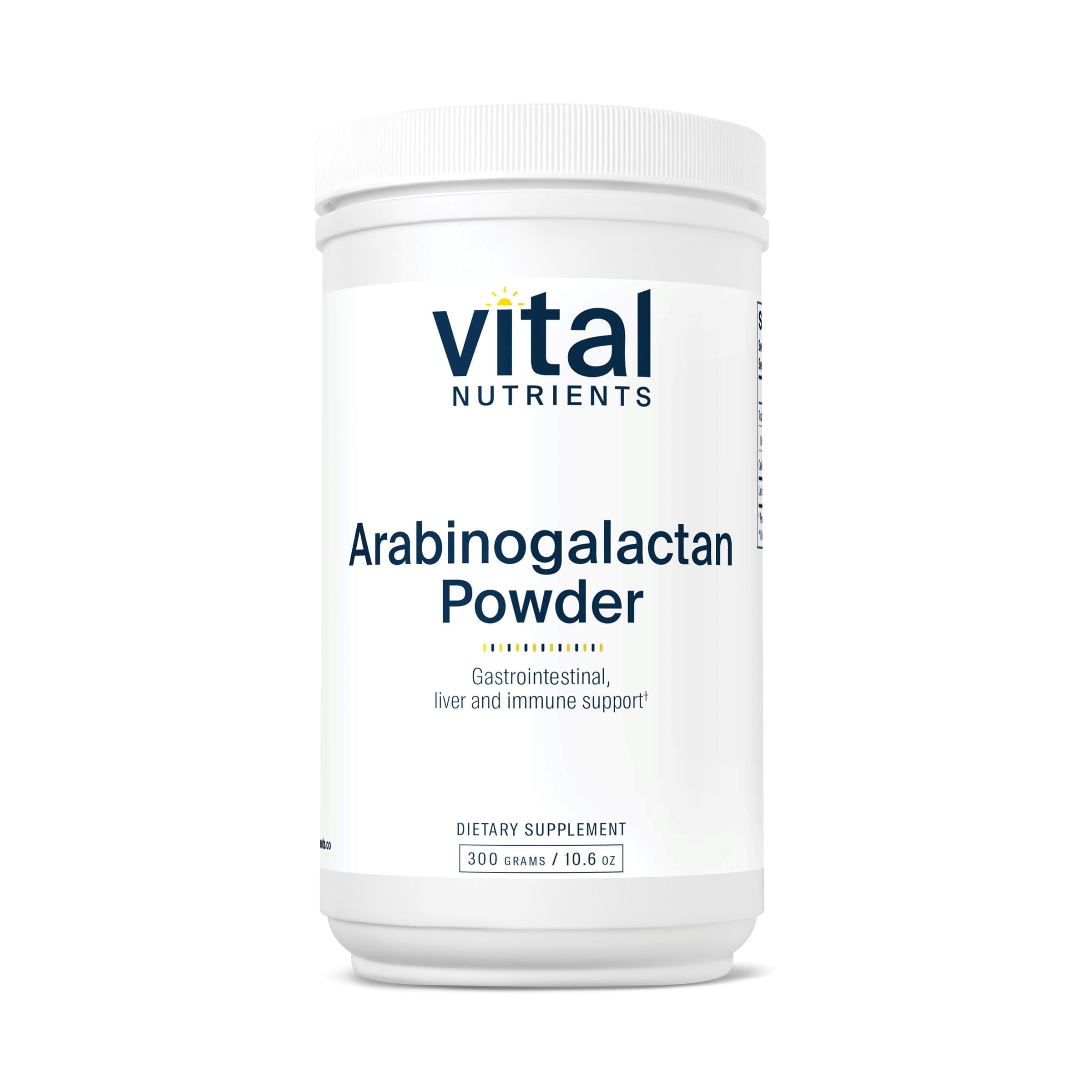 Vital Nutrients Arabinogalactan powder packaging promotes vegan gut fiber.