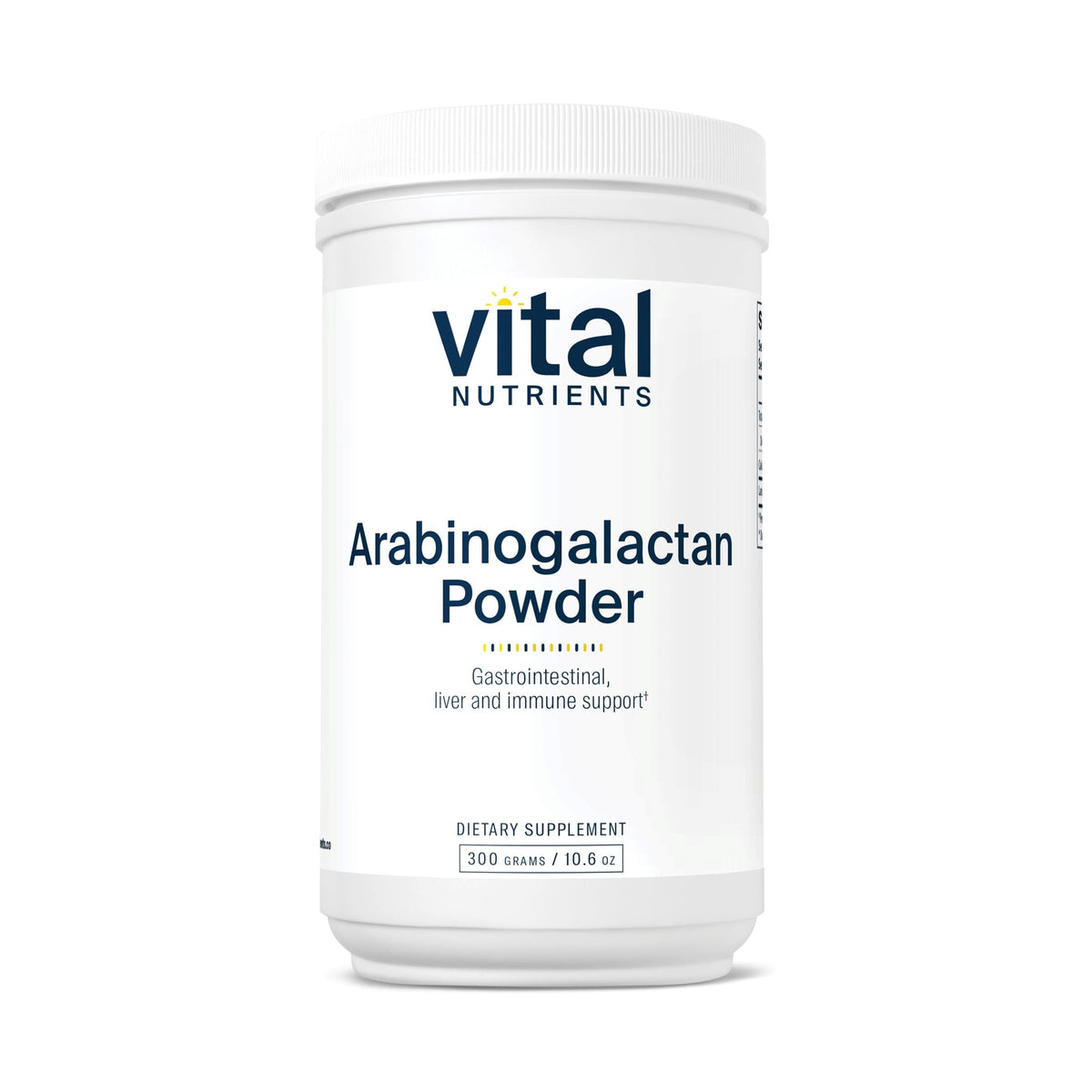 Vital Nutrients Arabinogalactan powder packaging promotes vegan gut fiber.