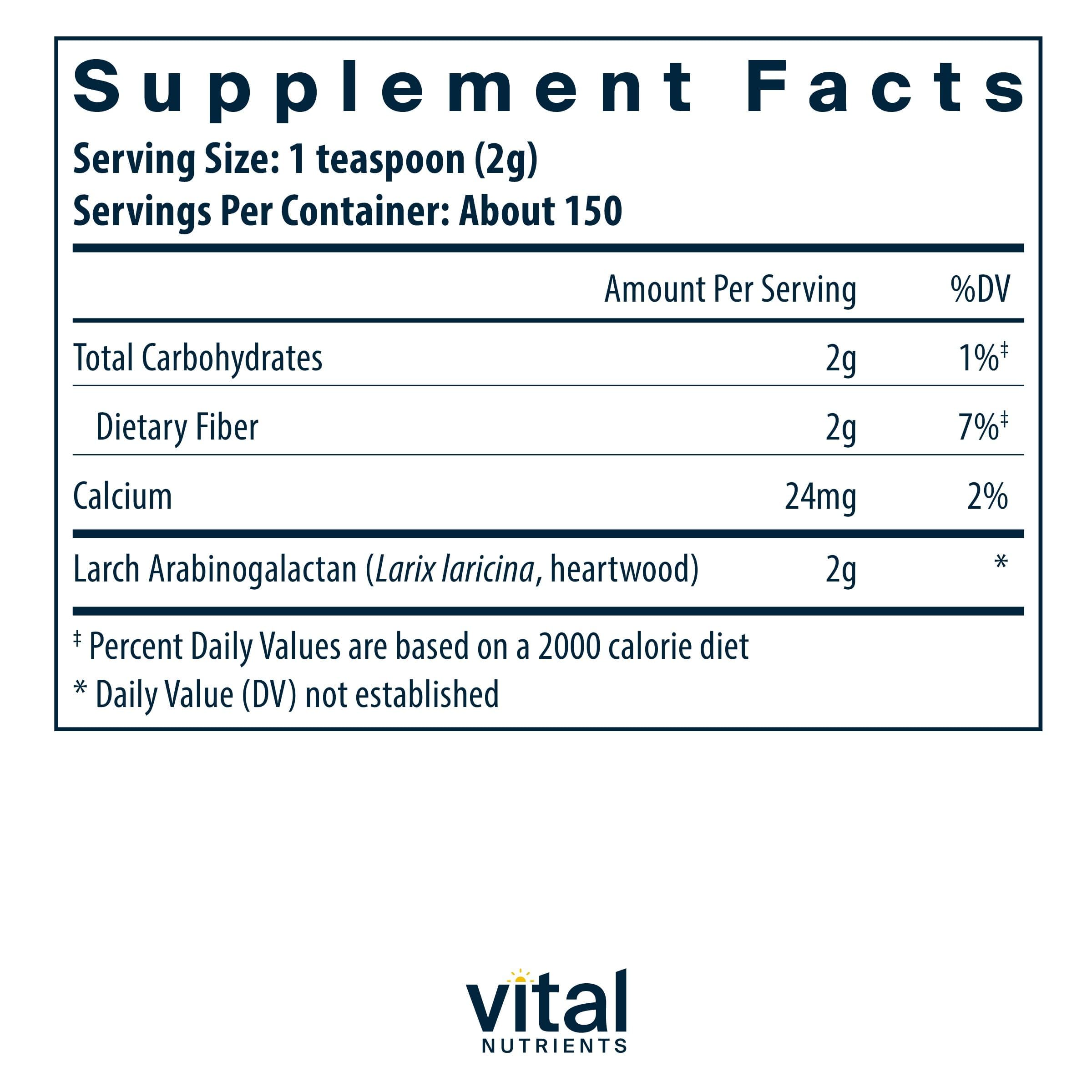 Vital Nutrients Arabinogalactan powder with scoop for convenient daily fiber.