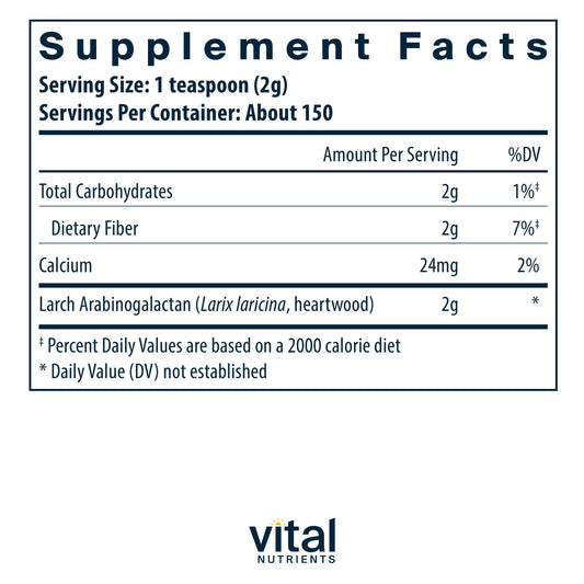 Vital Nutrients Arabinogalactan powder with scoop for convenient daily fiber.