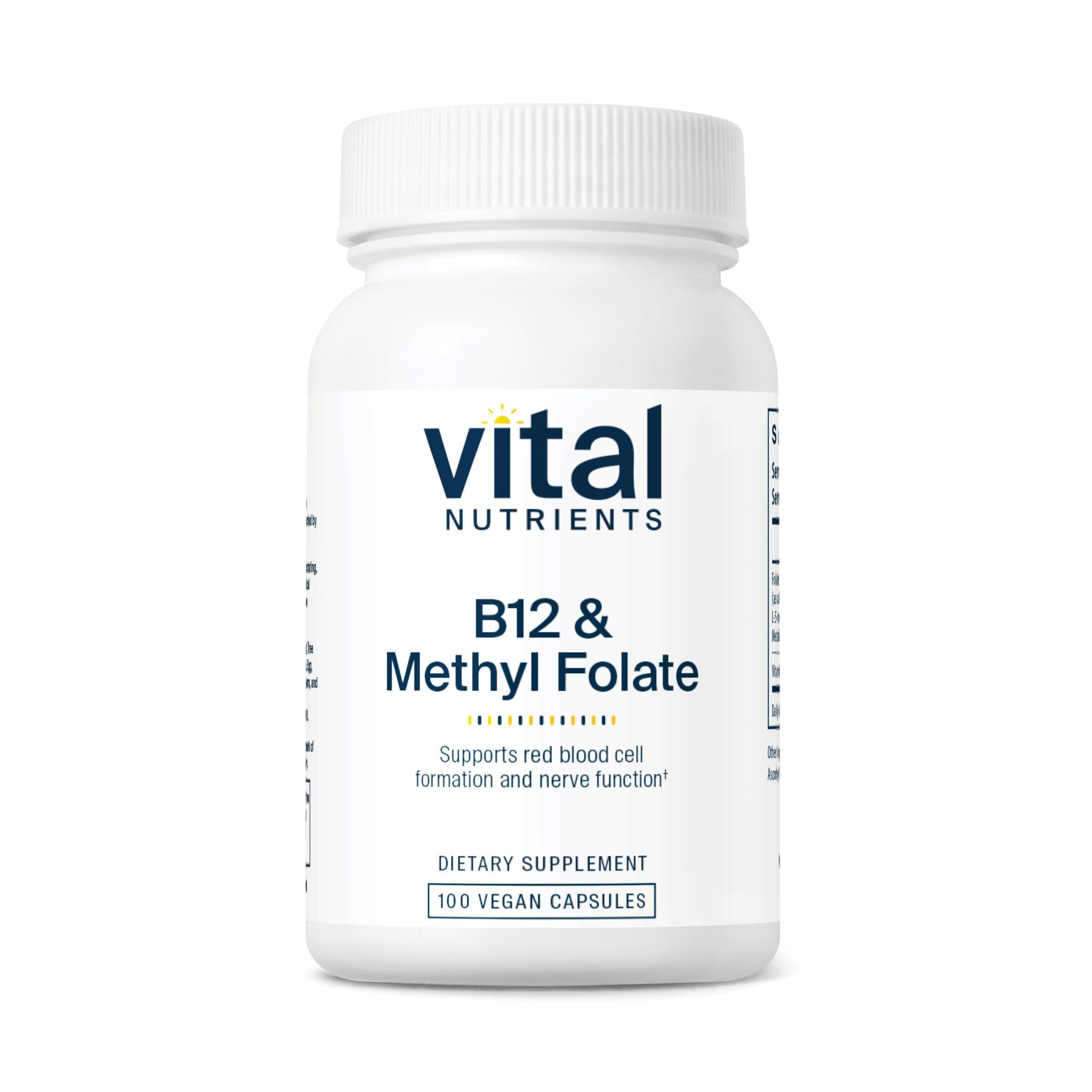 Vital Nutrients B12 methylfolate bottle label highlights vegan formula for daily wellness.