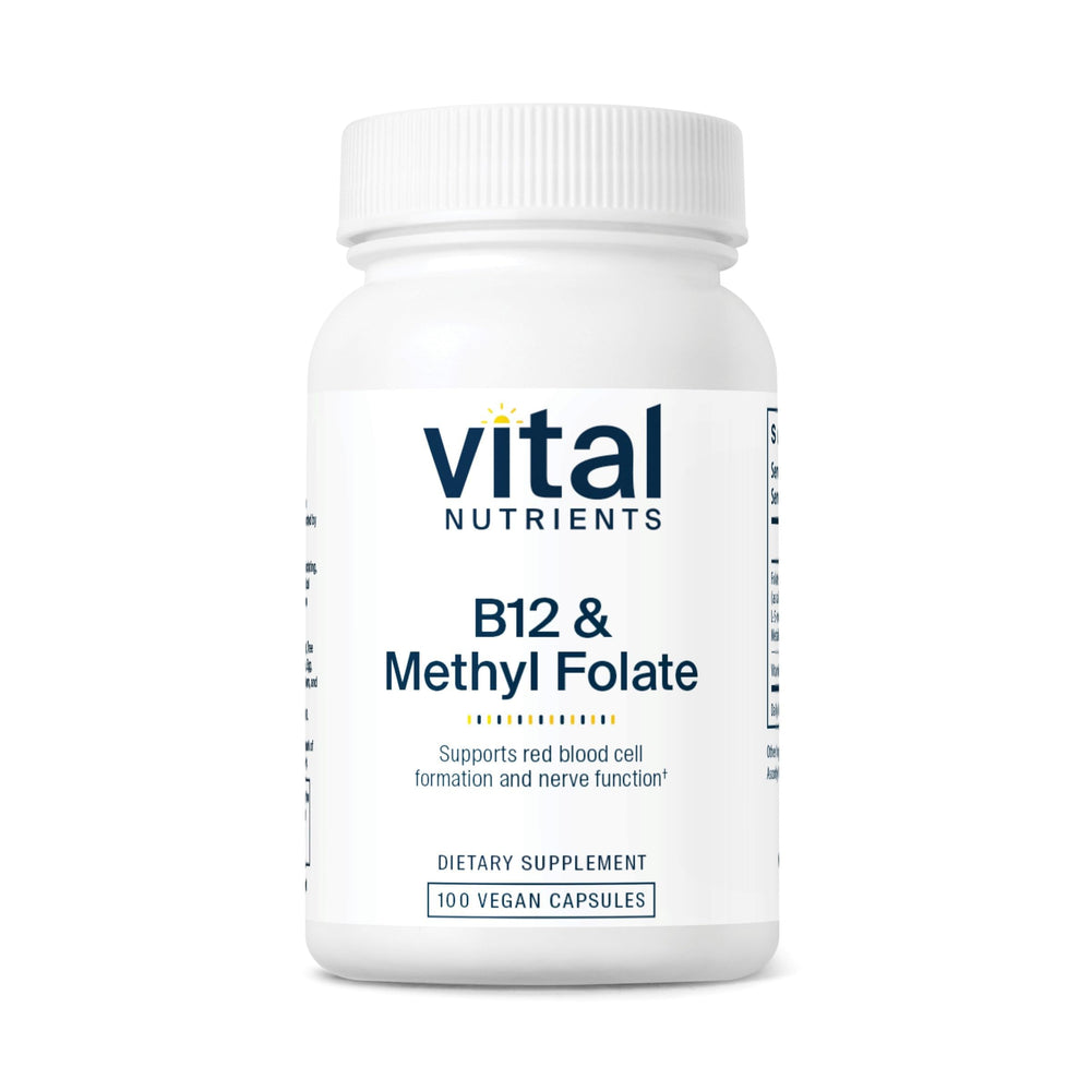 Vital Nutrients B12 methylfolate bottle label highlights vegan formula for daily wellness.