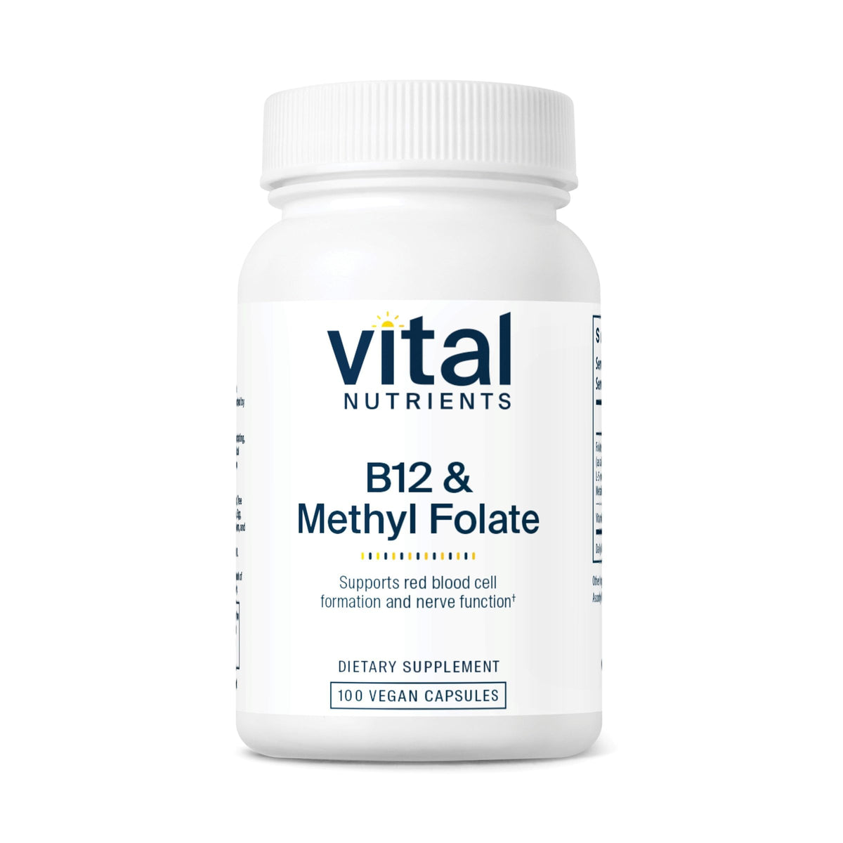 Vital Nutrients B12 methylfolate bottle label highlights vegan formula for daily wellness.