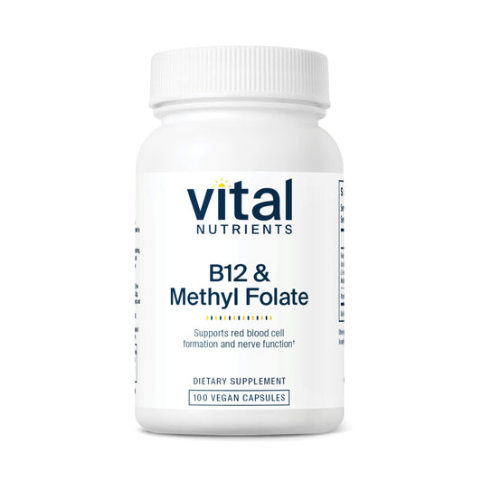 Vital Nutrients B12 methylfolate bottle label highlights vegan formula for daily wellness.