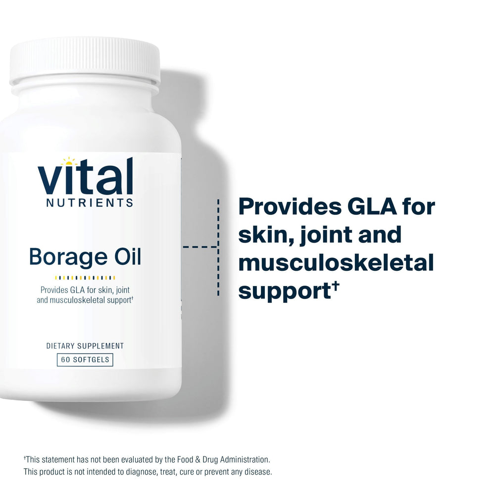 Vital Nutrients Borage Oil label highlights clean, hypoallergenic GLA formula for skincare support.