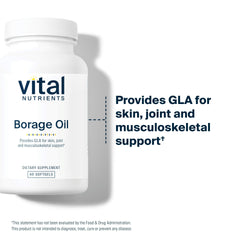 Vital Nutrients Borage Oil label highlights clean, hypoallergenic GLA formula for skincare support.