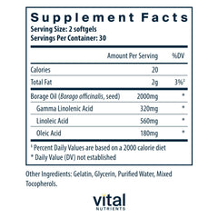 Vital Nutrients Borage Oil softgels ready for easy daily omega-6 GLA supplementation.