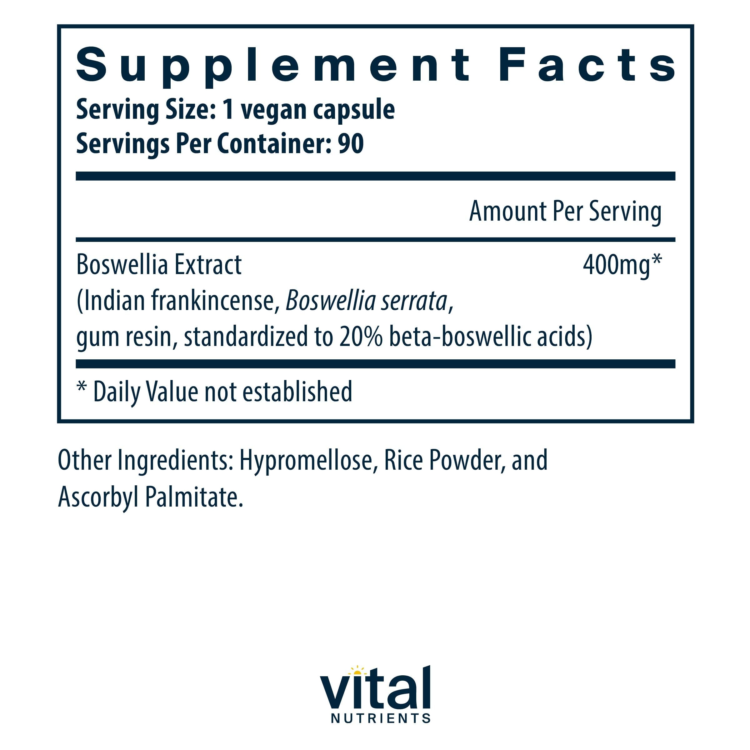Vital Nutrients Boswellia Extract capsules bottle back showing ingredients and non-GMO assurance