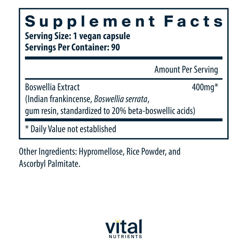Vital Nutrients Boswellia Extract capsules bottle back showing ingredients and non-GMO assurance