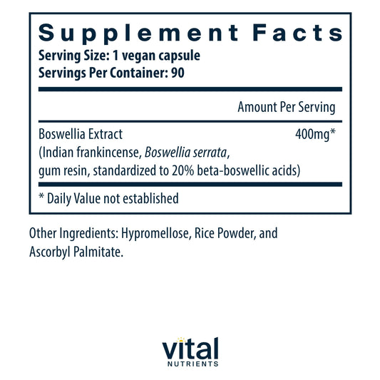 Vital Nutrients Boswellia Extract capsules bottle back showing ingredients and non-GMO assurance