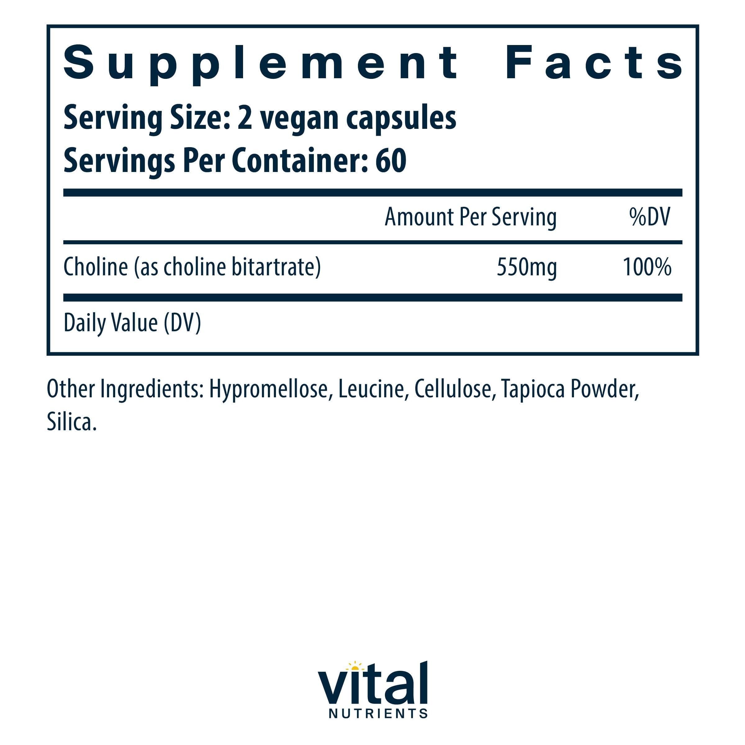 Vital Nutrients Choline 550mg capsules bottle side for daily use
