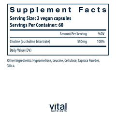 Vital Nutrients Choline 550mg capsules bottle side for daily use