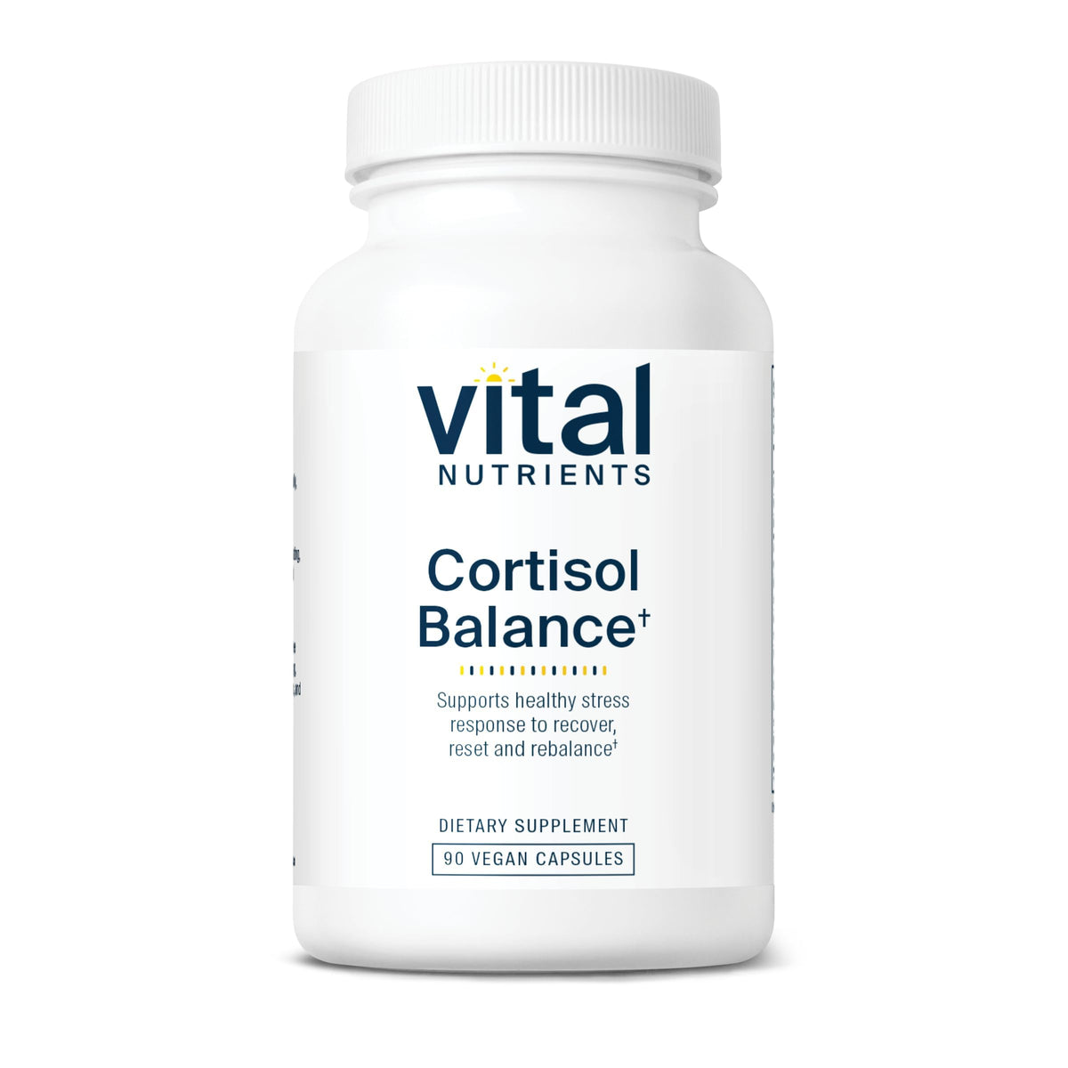 Vital Nutrients Cortisol Balance bottle on shelf promotes balanced energy