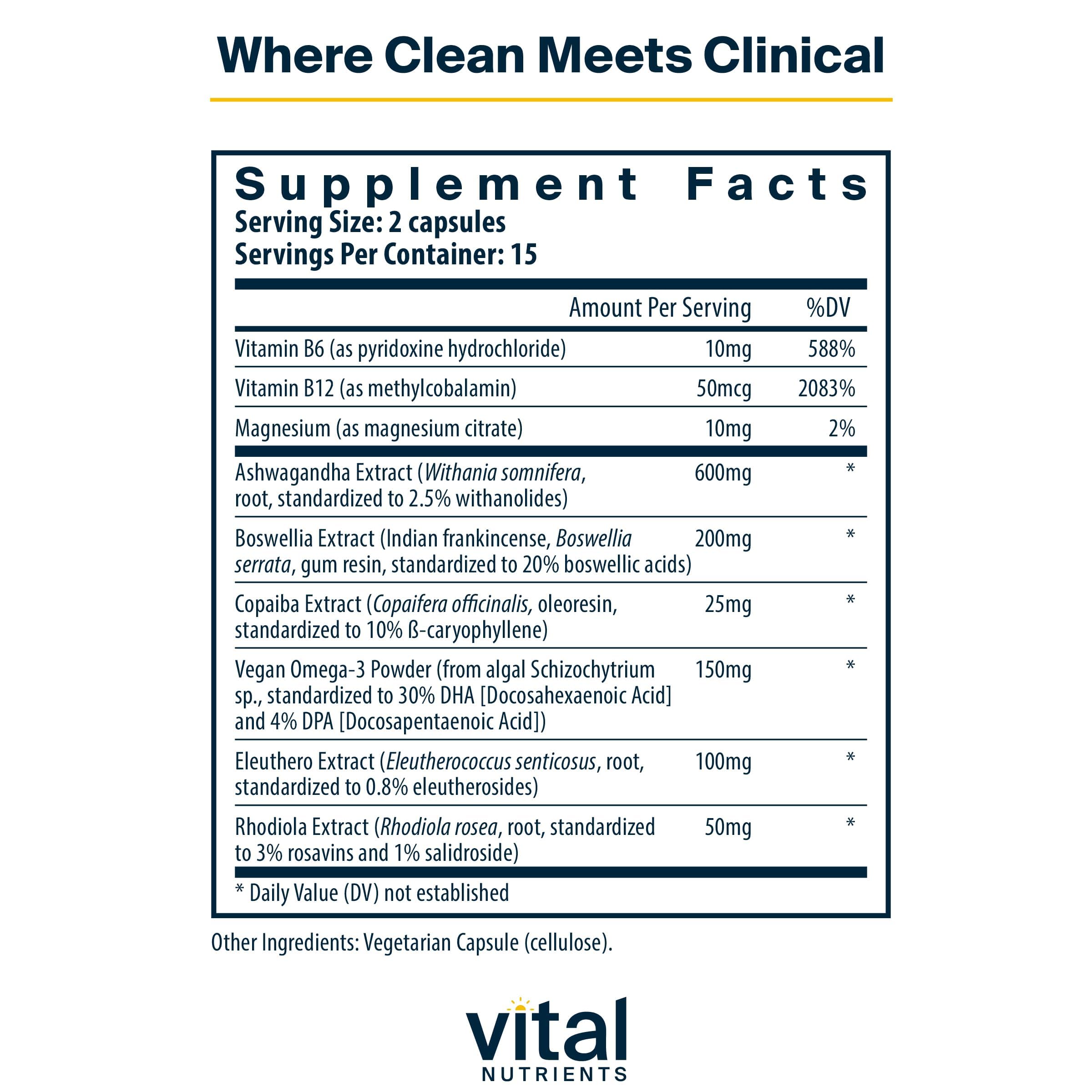 Vital Nutrients Cortisol Balance capsules close-up for daily stress support