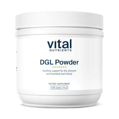 Vital Nutrients DGL powder bottle shows premium, gluten-free licorice root supplement for digestive wellness.
